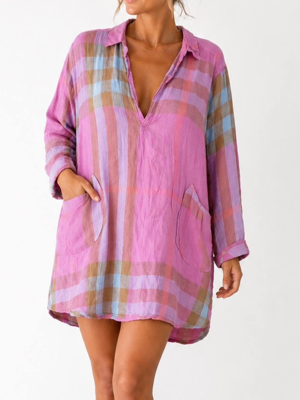 CP Shades 100% Linen Pink Plaid Oversized Tunic Shirt Dress L - Picture 9 of 9